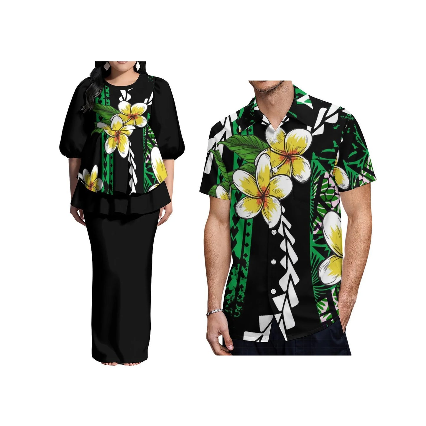 Ladies Puletasi Dress Samoan Print Polynesian Puff Half Sleeve Long Maxi Dress Back Slit Dress 2 Piece and Men's Aloha Shirts