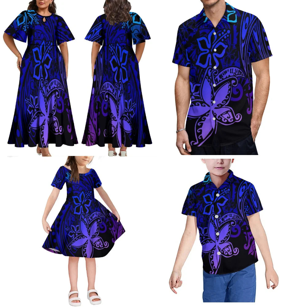 Summer Short Sleeve Fiji Island Style Women's Dress Men's Shirt Polynesian Art Print Art Family Party Set
