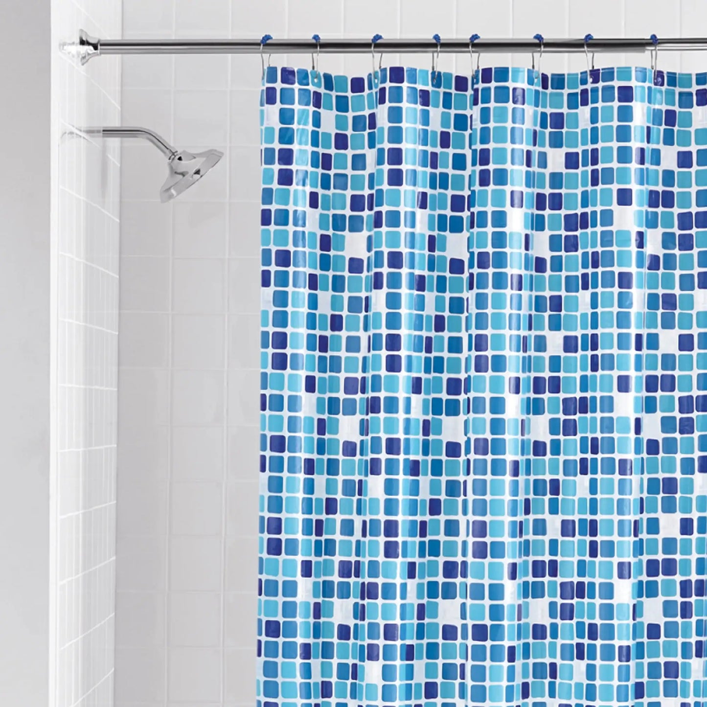 Shower Curtain Set: Blue PEVA Curtain with 12 Roller Shower Hooks, Mosaic Medallion Design