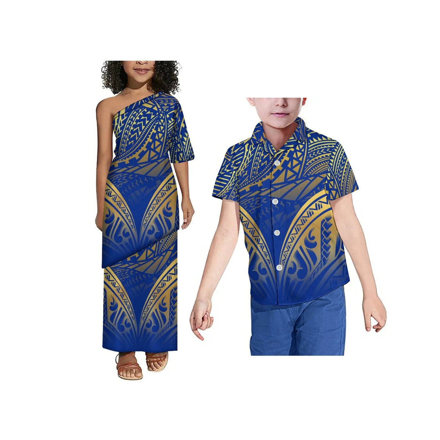 Drop Shipping Tonga Polynesian Tribal Print Summer Kids Off Shoulder Short Sleeve Dress Samoan Puletasi Clothes 2 Pieces Sets
