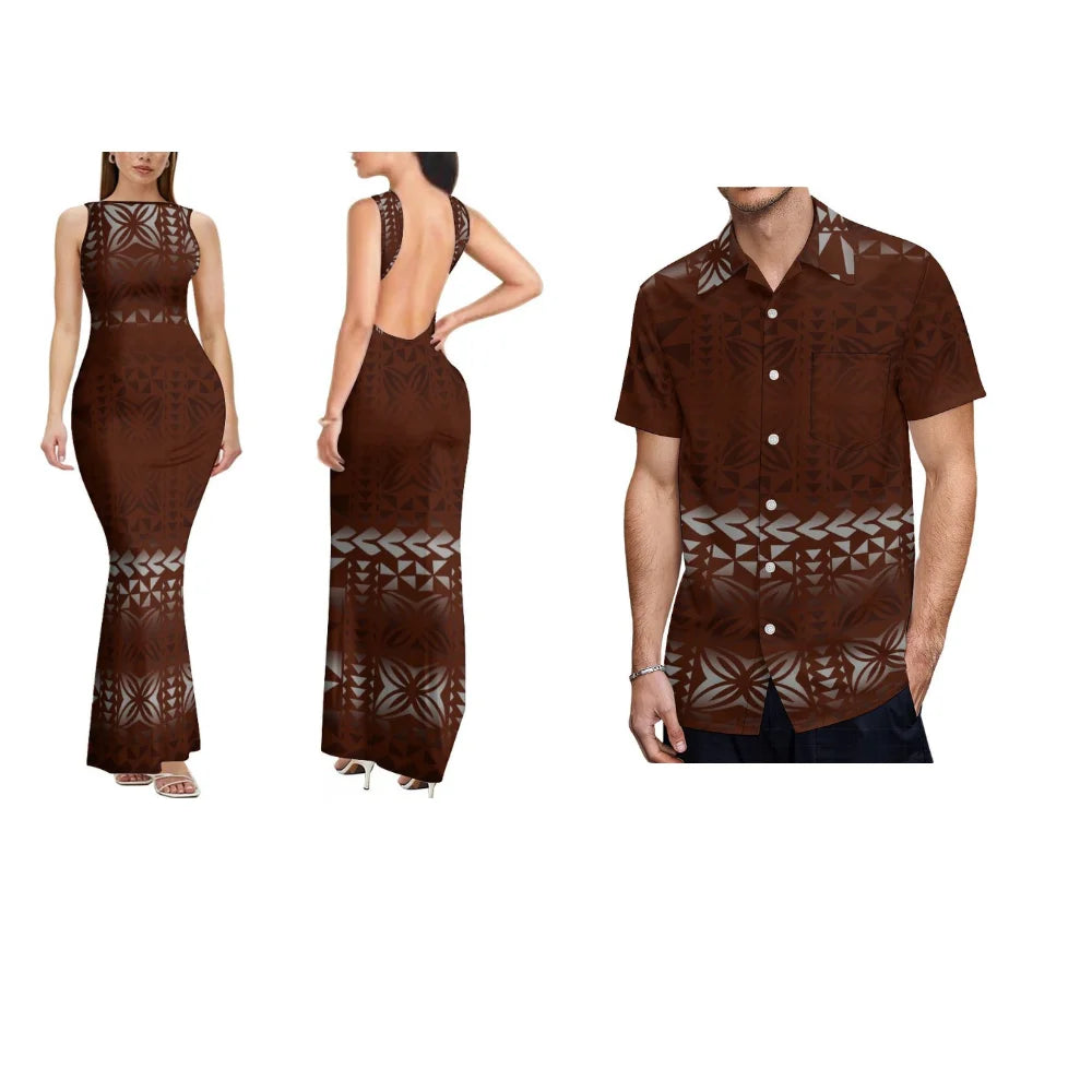Summer Comfortable And Soft Fabric Couple'S Dress Women'S Dress Floral Design Backless Sleeveless Long Fitted Dress Men'S Shirt