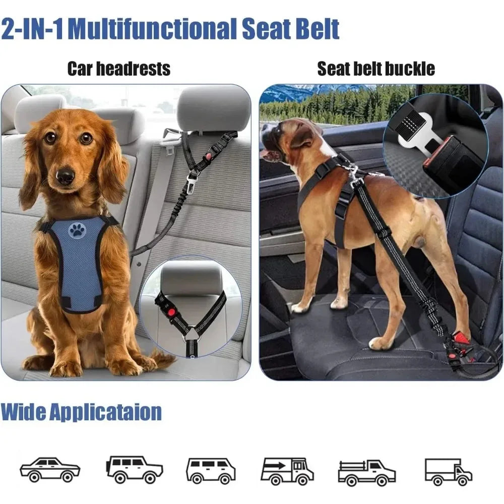 2-in-1 Dog Car Seatbelt/ Headrest Restraint. Adjustable, Reflective Pet Safety Seat Belt. Large Medium Small Dogs