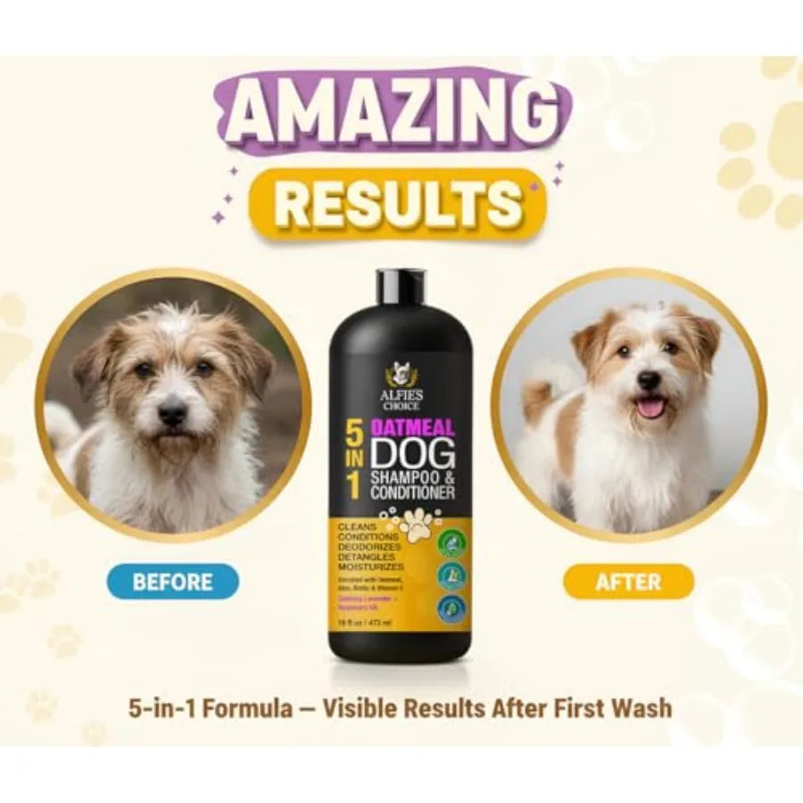 Oatmeal Dog Shampoo and Conditioner for Itchy Skin Relief. Puppy Shampoo for Sensitive Skin 5-in-1 Cleans, Deodorizes