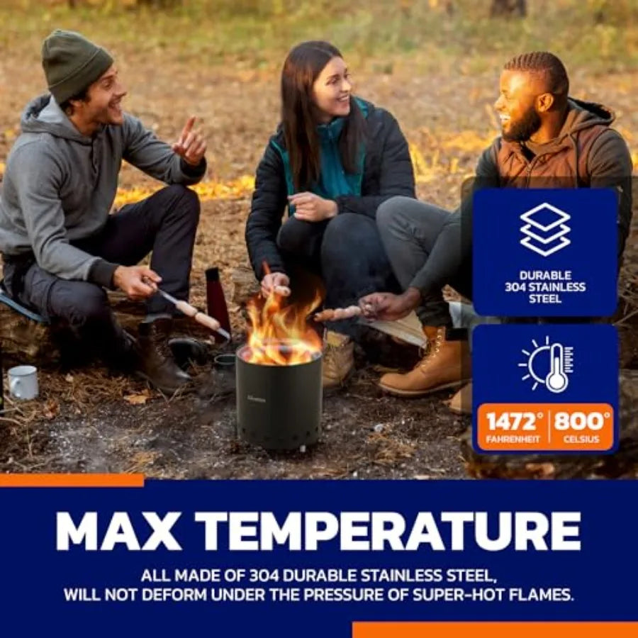 Smokeless Outdoor Wood Burning Fire Pit Stove with Black Stainless Steel Exterior Removable Ash Pan Stand and Carry Bag for Cam