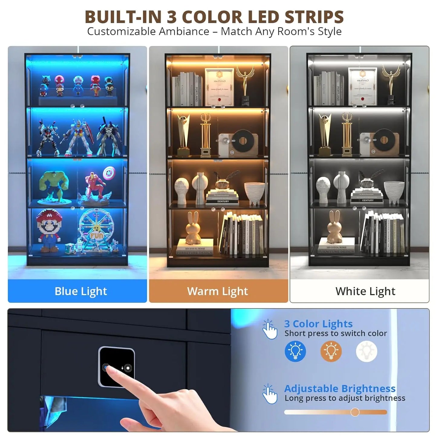 65'' Display Cabinet with Glass Door, 4-Tier Curio Cabinet for Collectibles Trophy, Glass Display Case with Human, Customized