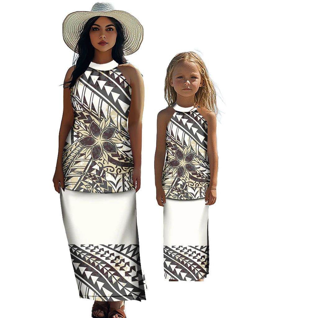 Polynesian Tribal Matching Family Outfits Samoan Puletasi Dress Toddler Girls Dresses Kids Clothes