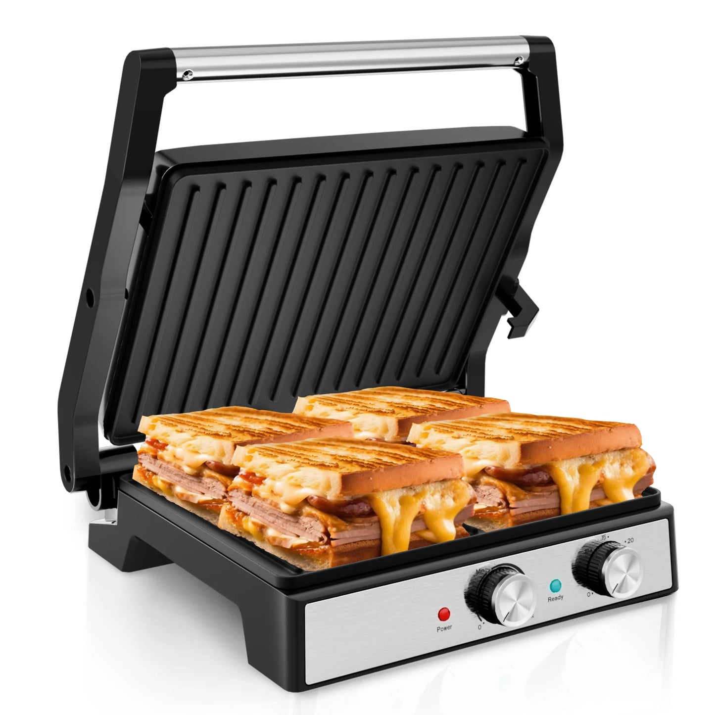 Electric Panini Press Sandwich Maker, 1600W Indoor Grill with Non-Stick Coated Plates, Temperature Control & Timer