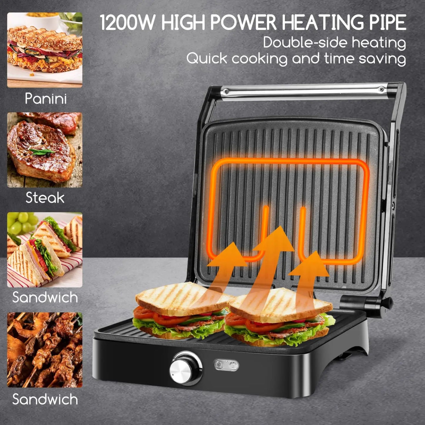 Panini Press, 4 Slice Grill Sandwich Maker and Griddle Grill Combo with Temp Control, Opens 180° for Indoor BBQ /Flat Top Grill