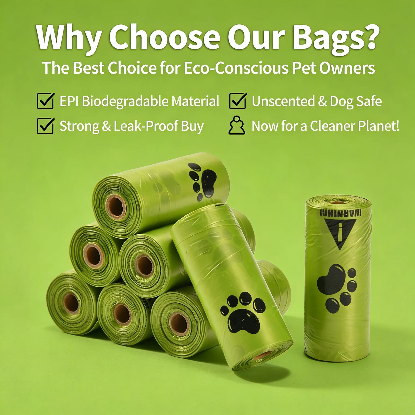 Eco-Friendly Dog Poop Bags, Leak-Proof Extra Thick, EPI Material Unscented.