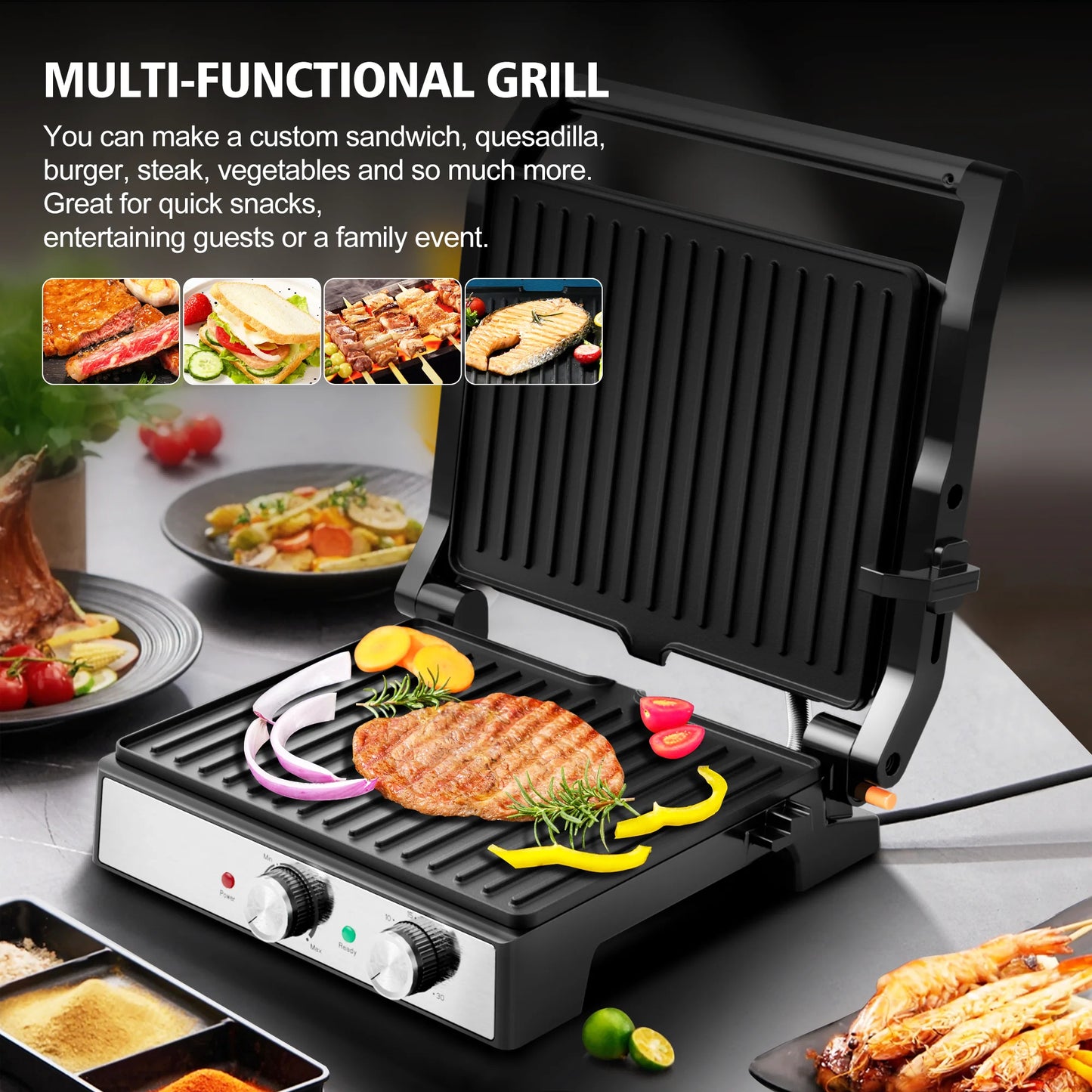 Electric Panini Press Sandwich Maker, 1600W Indoor Grill with Non-Stick Coated Plates, Temperature Control & Timer