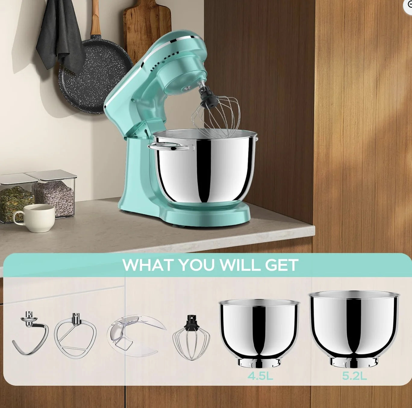 6QT & 5QT Dual Bowls Stand Mixer, 10-Speed Tilt-Head Food Mixer with Electronic Timer, Dough Mixer -Blue