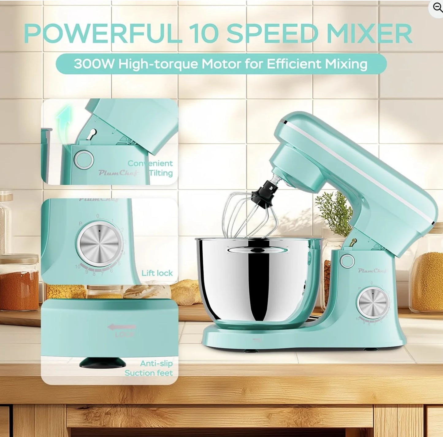 6QT & 5QT Dual Bowls Stand Mixer, 10-Speed Tilt-Head Food Mixer with Electronic Timer, Dough Mixer -Blue