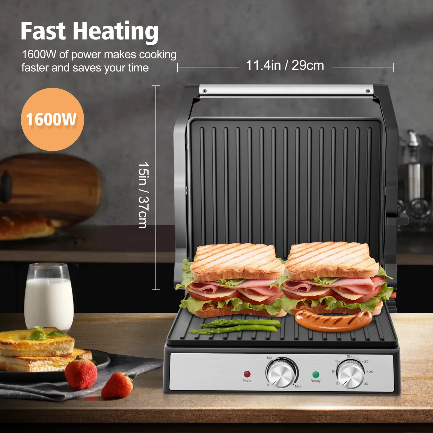 Electric Panini Press Sandwich Maker, 1600W Indoor Grill with Non-Stick Coated Plates, Temperature Control & Timer