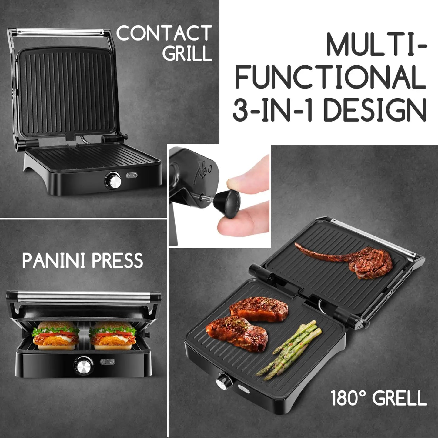 Panini Press, 4 Slice Grill Sandwich Maker and Griddle Grill Combo with Temp Control, Opens 180° for Indoor BBQ /Flat Top Grill