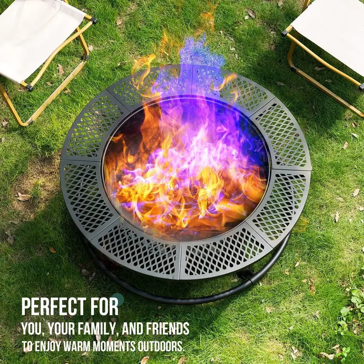 36 Inch Fire Pit with Grill,Wood Burning Fire Pits for Outside with Lid& Fire Poker,Round Metal Firepit Table 3 in 1 with Cookin