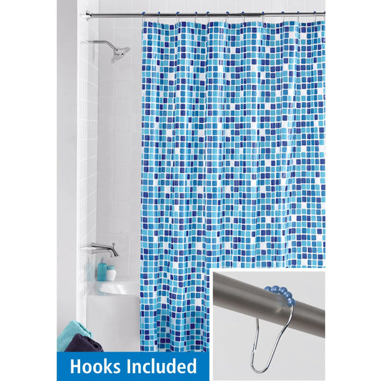 Shower Curtain Set: Blue PEVA Curtain with 12 Roller Shower Hooks, Mosaic Medallion Design