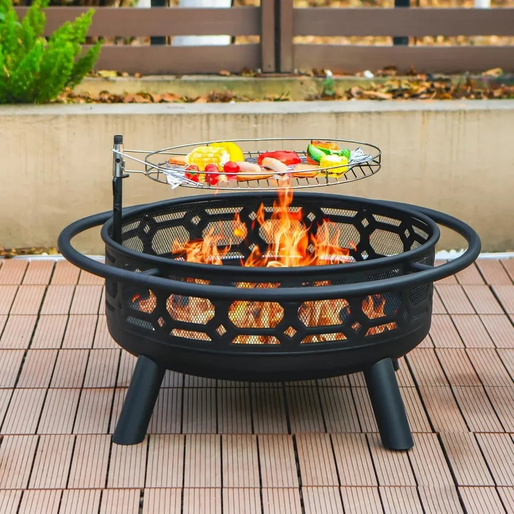 Outdoor Wood Burning Firepit with Removable Grill & Poker, Heavy Duty Metal Round Fireplace,2 in 1 Large Round Customized