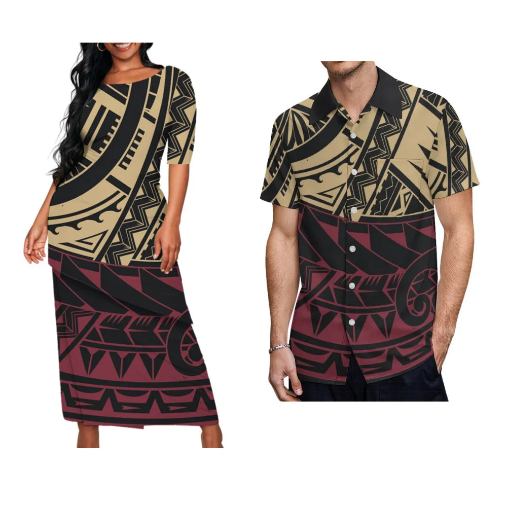 Polynesian Floral Print Custom Summer Crew-Neck Puletasi Diagonal Design New Set  Matching Clothing