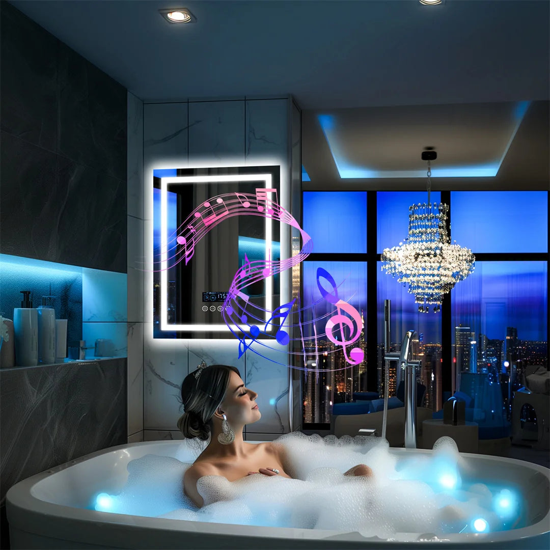 Large Illuminated Bluetooth Bathroom Mirror Rectangle Anti-fog LED Bathroom Vanity Mirror with Bluetooth Speaker 3 Color