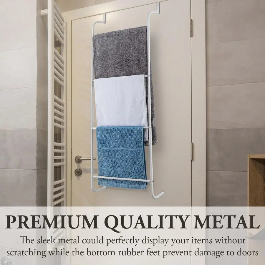4 Rung White Metal Ladder Over The Door Towel Rack Bathroom Towel Holder, Space Saving Over Shower Door Drying Rack for Towels a