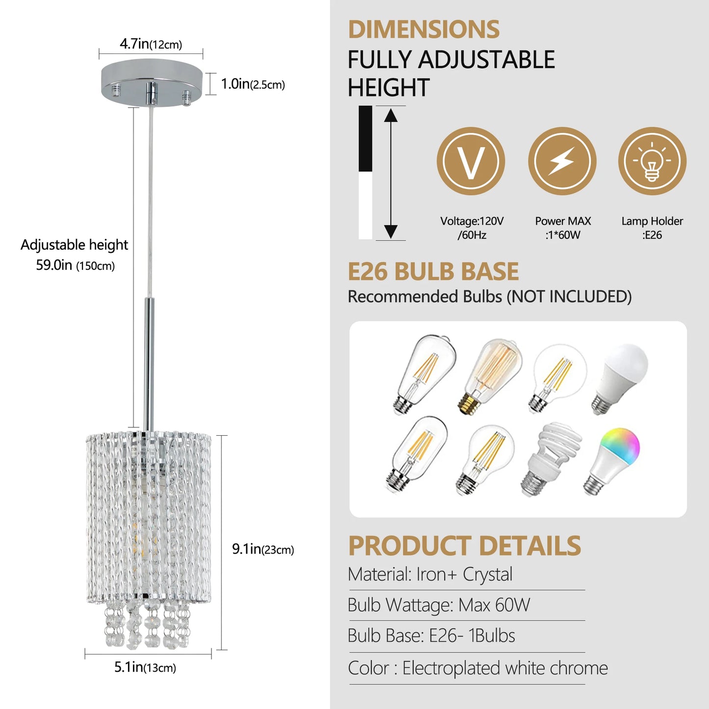 Luxury Modern Crystal Pendant Light 3-Pack Adjustable Chrome Hanging Ceiling Fixture with Clear Beads, Elegant Design