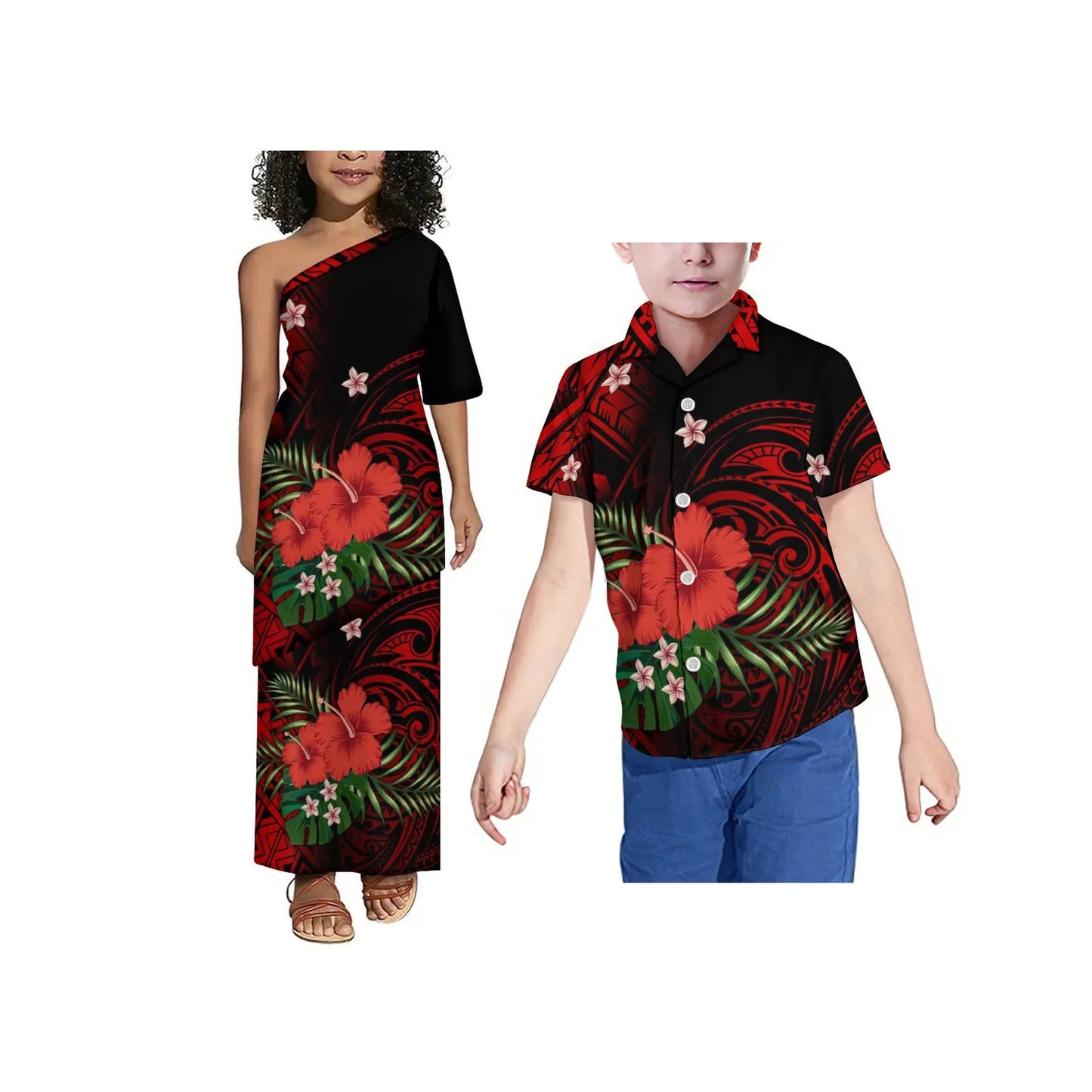 Drop Shipping Tonga Polynesian Tribal Print Summer Kids Off Shoulder Short Sleeve Dress Samoan Puletasi Clothes 2 Pieces Sets