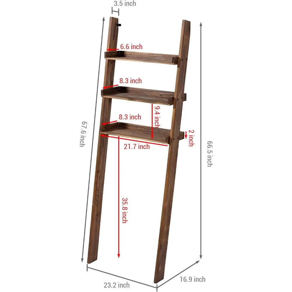 5.5 Foot Tall Rustic Burnt Wood Over Toilet 3-Tier Standing Shelf Bathroom Organizer