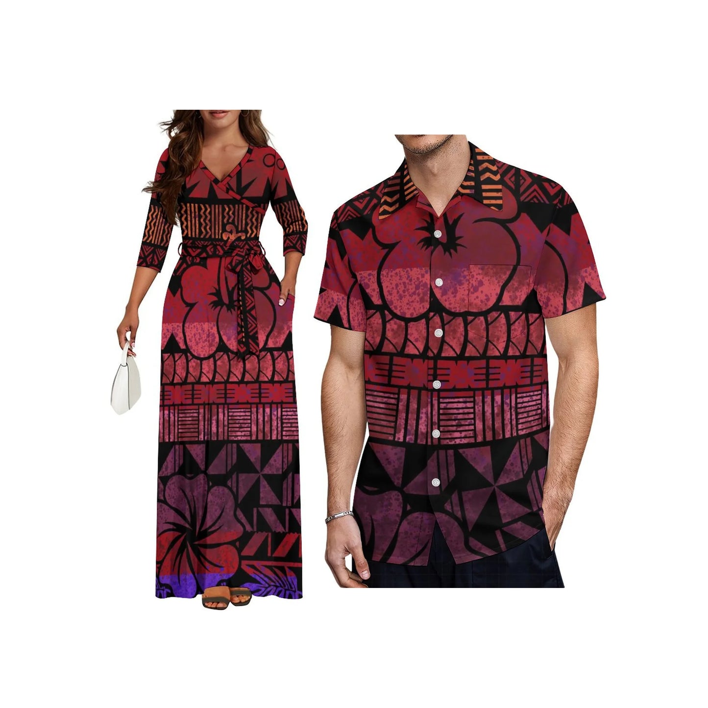 Wholesale Custom Half Sleeve V Neck Tie-Up Long Dress Polynesian Tribal Design High Waist Belt Pocket Ladies Dress