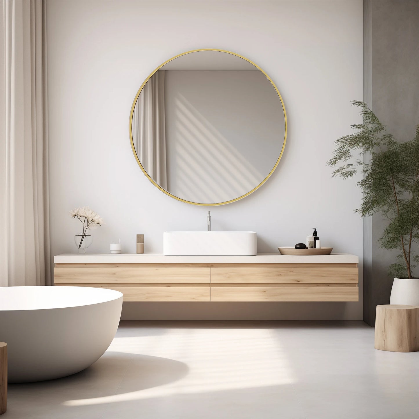 Large Gold Round Vanity Framed Mirror for Wall Matte Metal Framed Modern Mirror Tempered Glass Bedroom Living Room