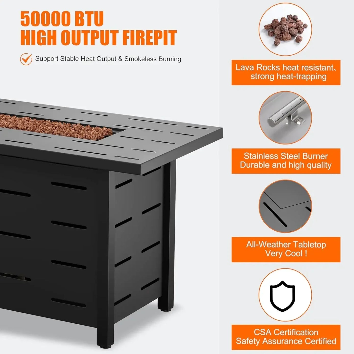 43 inch Outdoor Propane Fire Pit 50,000 BTU Gas Fire Pit Table with Lid, Waterproof Cover, Rectangle Gas Firepit Table