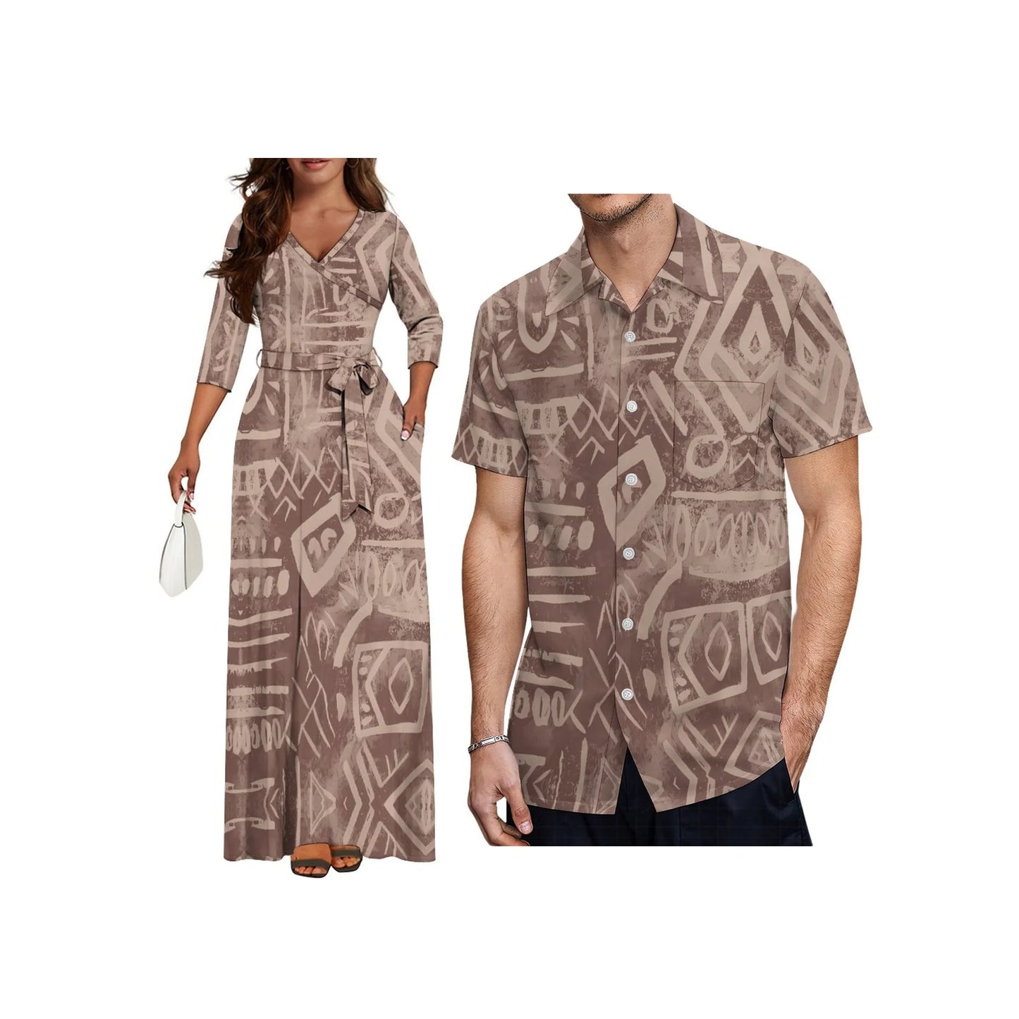 Wholesale Custom Half Sleeve V Neck Tie-Up Long Dress Polynesian Tribal Design High Waist Belt Pocket Ladies Dress