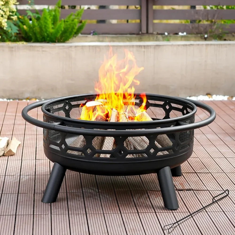 Outdoor Wood Burning Firepit with Removable Grill & Poker, Heavy Duty Metal Round Fireplace,2 in 1 Large Round Customized