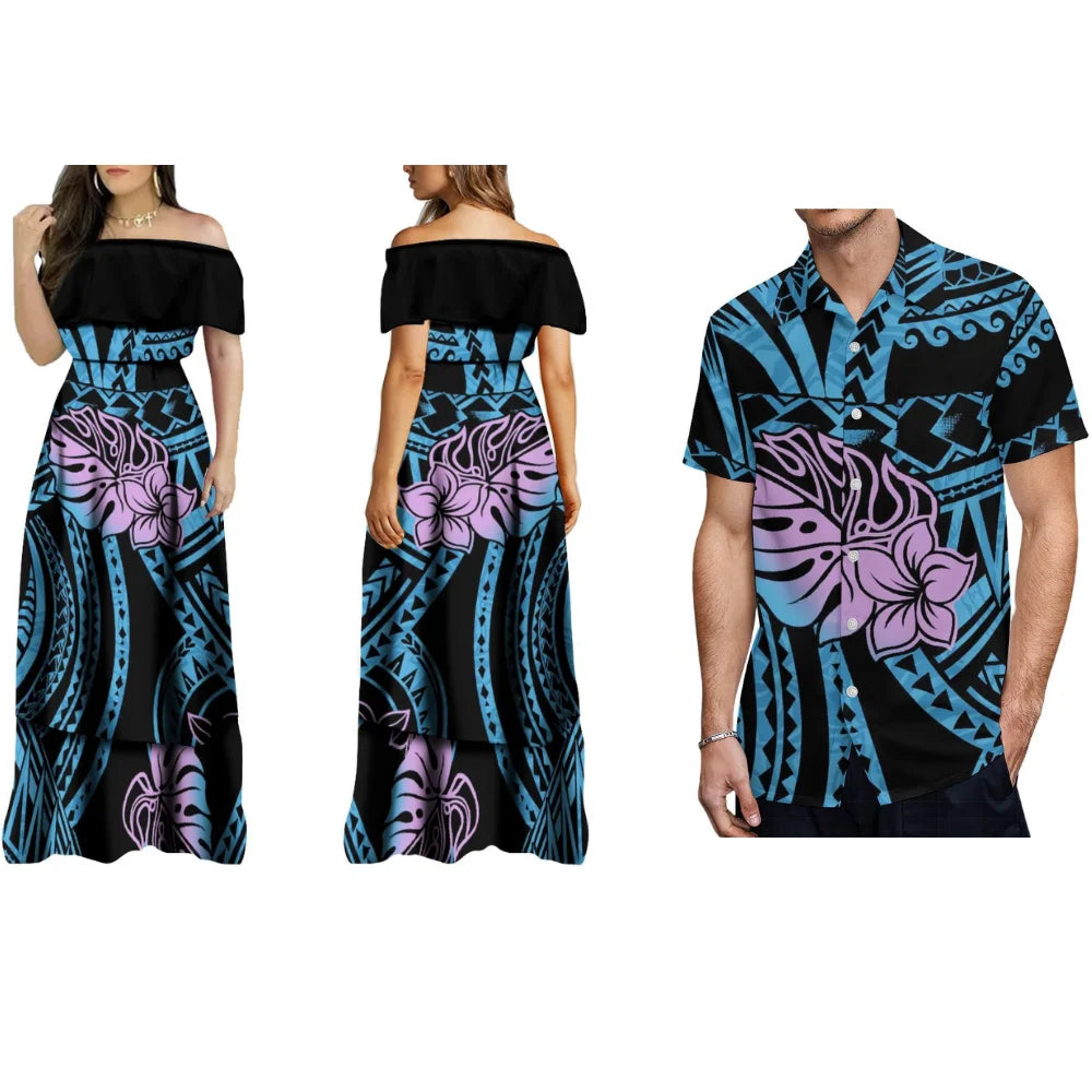 Hawaiian Floral Print Women'S Off-The-Shoulder Long Dress Cocktail Evening Dress And Men's Shirt Polynesian With Couple Suits