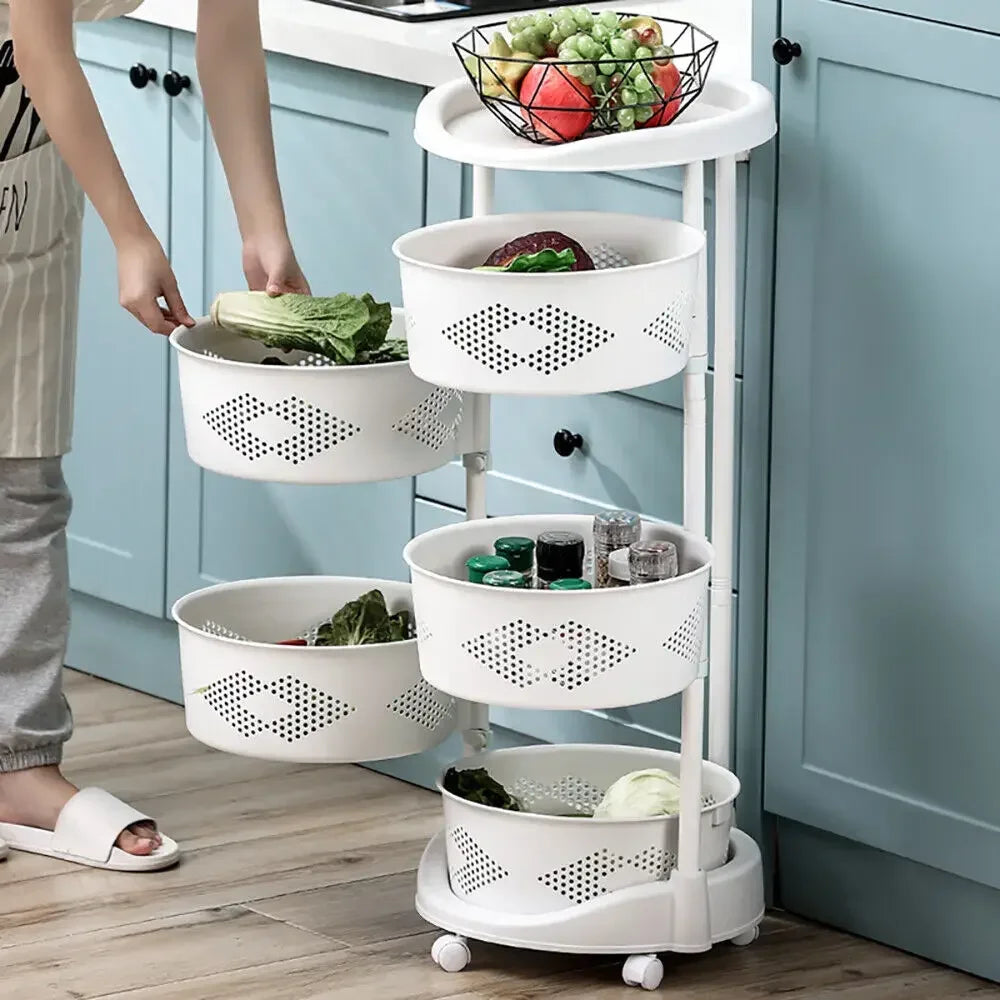 5 Tier Rotating Kitchen Organizer Rack 360° Swivel Baskets Adjustable Height with Wheels for Fruit Vegetable Pantry Storage