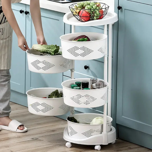 5 Tier Rotating Kitchen Organizer Rack 360° Swivel Baskets Adjustable Height with Wheels for Fruit Vegetable Pantry Storage