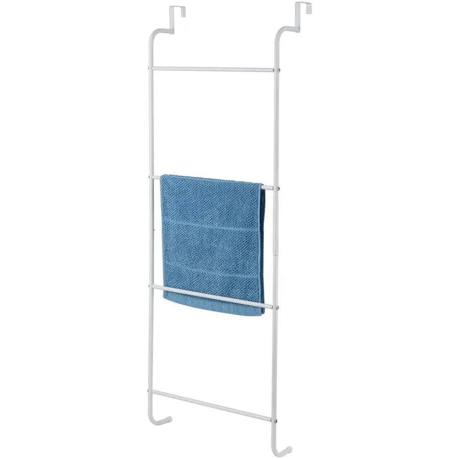 4 Rung White Metal Ladder Over The Door Towel Rack Bathroom Towel Holder, Space Saving Over Shower Door Drying Rack for Towels a