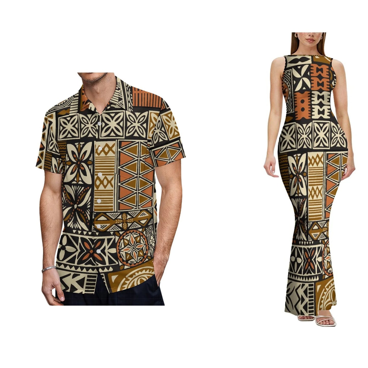 Backless Dress  Design Women's Sleeveless Design Clothes Polynesian Dress and Men's Aloha Shirts