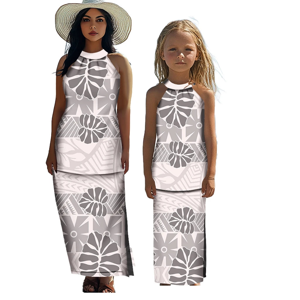 Polynesian Tribal Matching Family Outfits Samoan Puletasi Dress Toddler Girls Dresses Kids Clothes