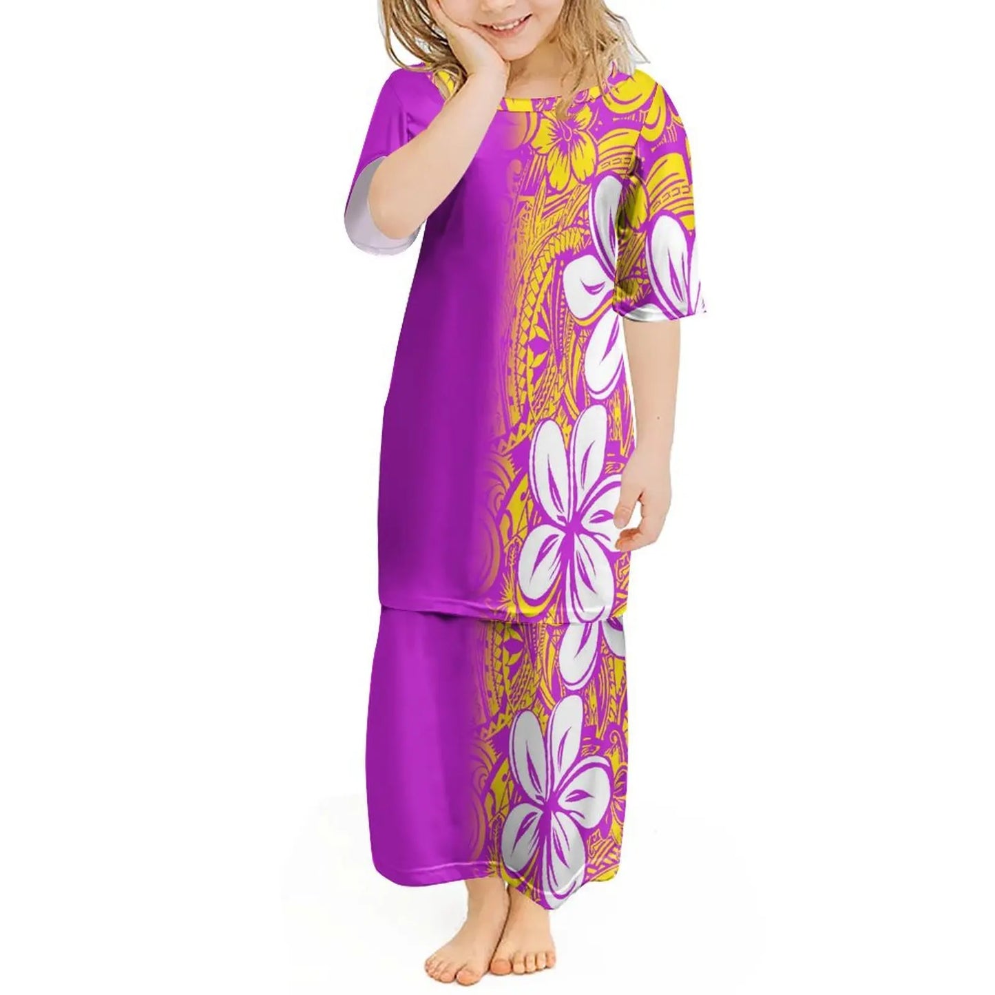 Custom Polynesian Girls Puletasi Pacific Island Floral Print Summer Crewneck Short Sleeve Maxi Party Kids Set Dress