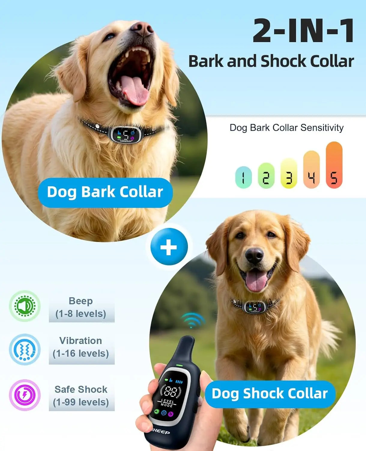 2-in-1 Dog Shock & Bark Collar, 3300FT Remote Training E-Collar, IP67 Waterproof, Anti-Bark/Beep/Vibration/Shock Modes for Dogs
