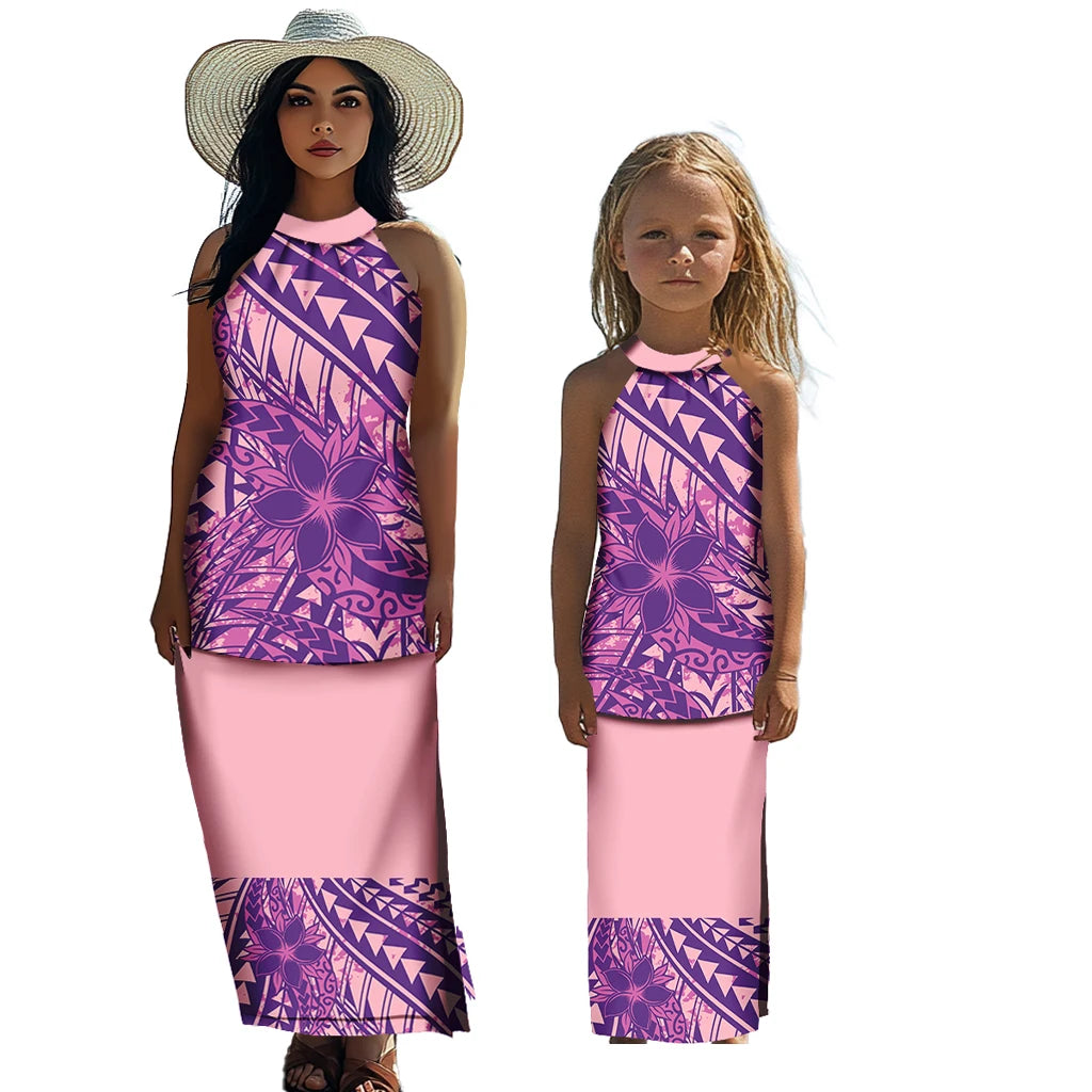 Polynesian Tribal Matching Family Outfits Samoan Puletasi Dress Toddler Girls Dresses Kids Clothes