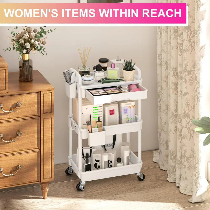3 Tier Rolling Utility Cart Organizer with Removable Drawer, Stable and Sturdy White Rolling Storage Carts