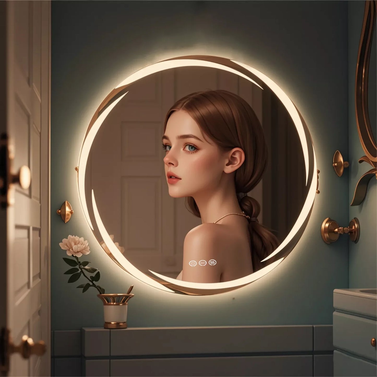 Round Illuminated LED Light Bathroom Mirror Luxury Wall Mounted Vanity Dressing Mirror with 3 Color Lights Anti-fog