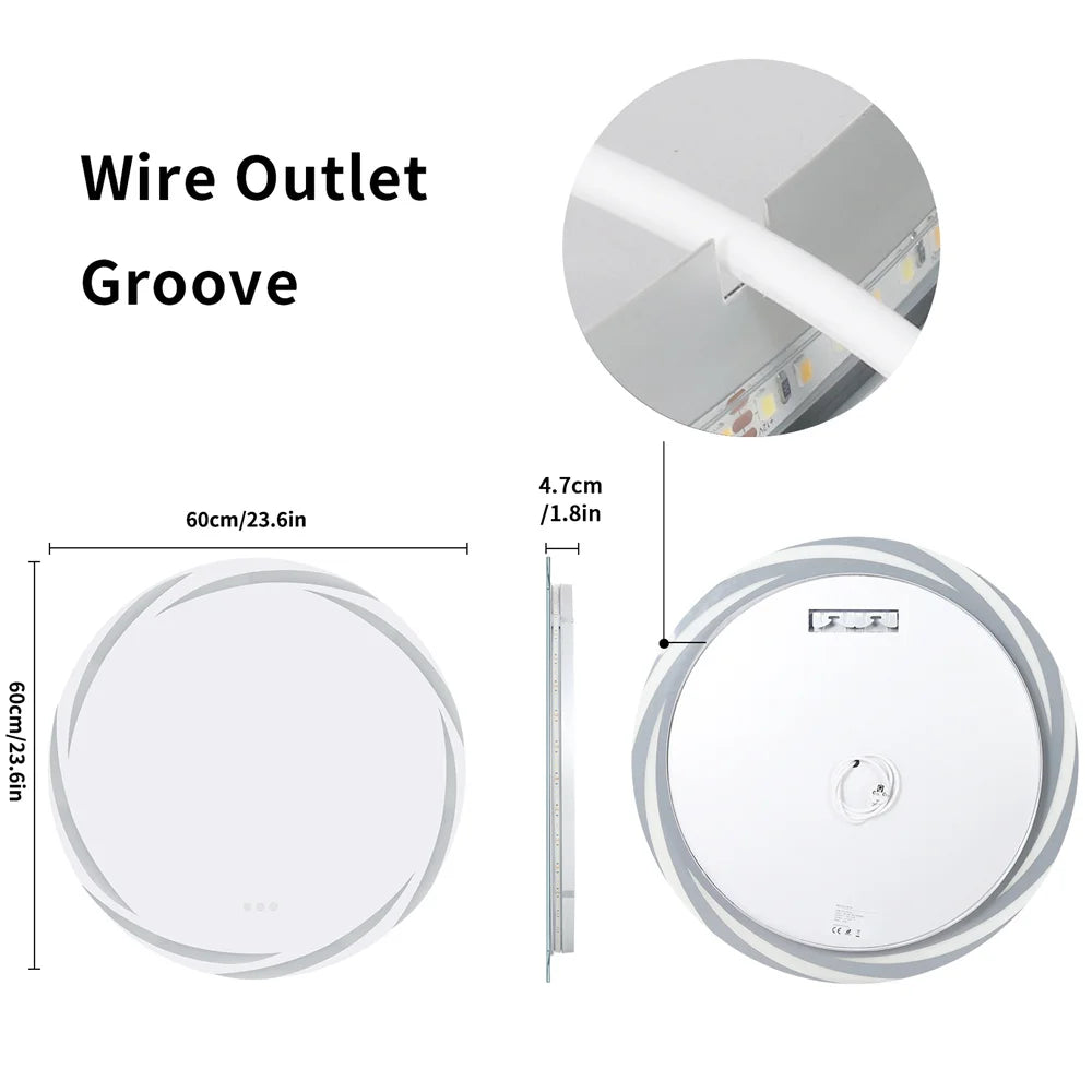 Round Illuminated LED Light Bathroom Mirror Luxury Wall Mounted Vanity Dressing Mirror with 3 Color Lights Anti-fog