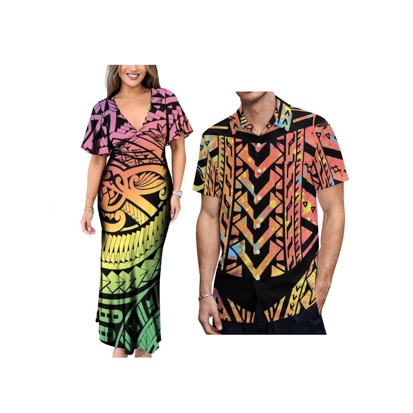 New 1MOQ Custom Print Polynesian Island Style Dress Neck Bels Flare Sleeve Long Dress Big People Size Party Dress