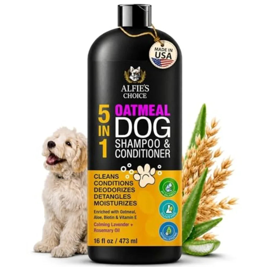 Oatmeal Dog Shampoo and Conditioner for Itchy Skin Relief. Puppy Shampoo for Sensitive Skin 5-in-1 Cleans, Deodorizes