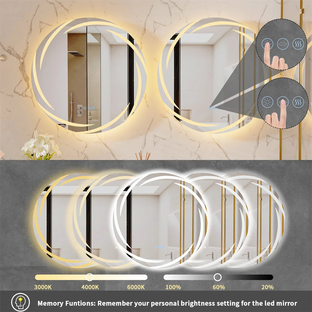 Round Illuminated LED Light Bathroom Mirror Luxury Wall Mounted Vanity Dressing Mirror with 3 Color Lights Anti-fog