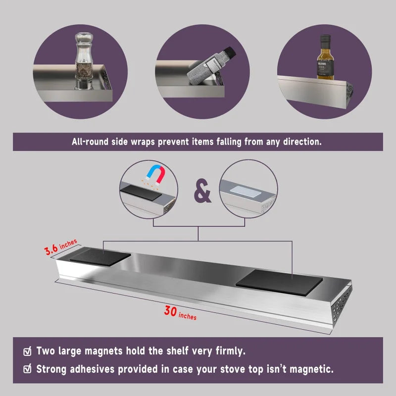 30" Magnetic Stove Top Shelf in Stainless Steel - Over Stove Spice Rack & Seasoning Organizer, Saves Counter Space