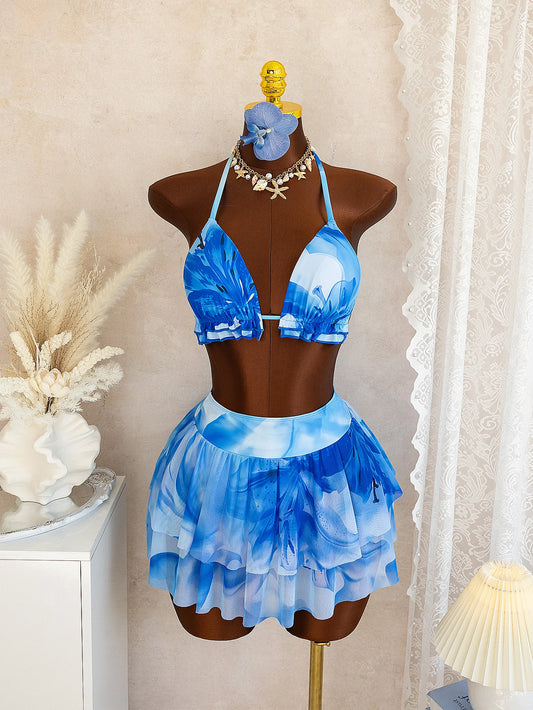 Women's Blue Floral Print Bikini Set, Halter Ruffled Triangle Top with Layered Mesh Skirt Two Piece Swimsuit for Beach Vacation
