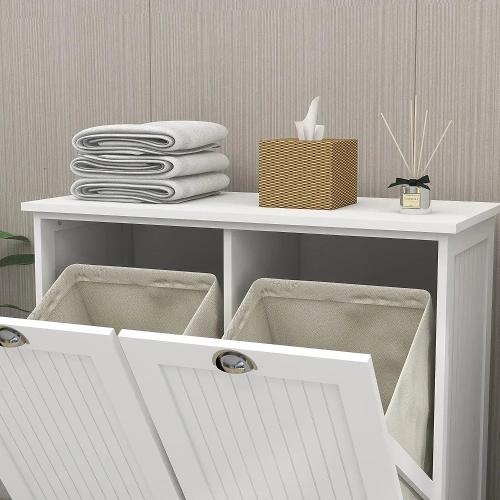 Modern Double Tilt-Out Laundry Hamper Cabinet with Removable Fabric Baskets for Wooden Bathroom Storage